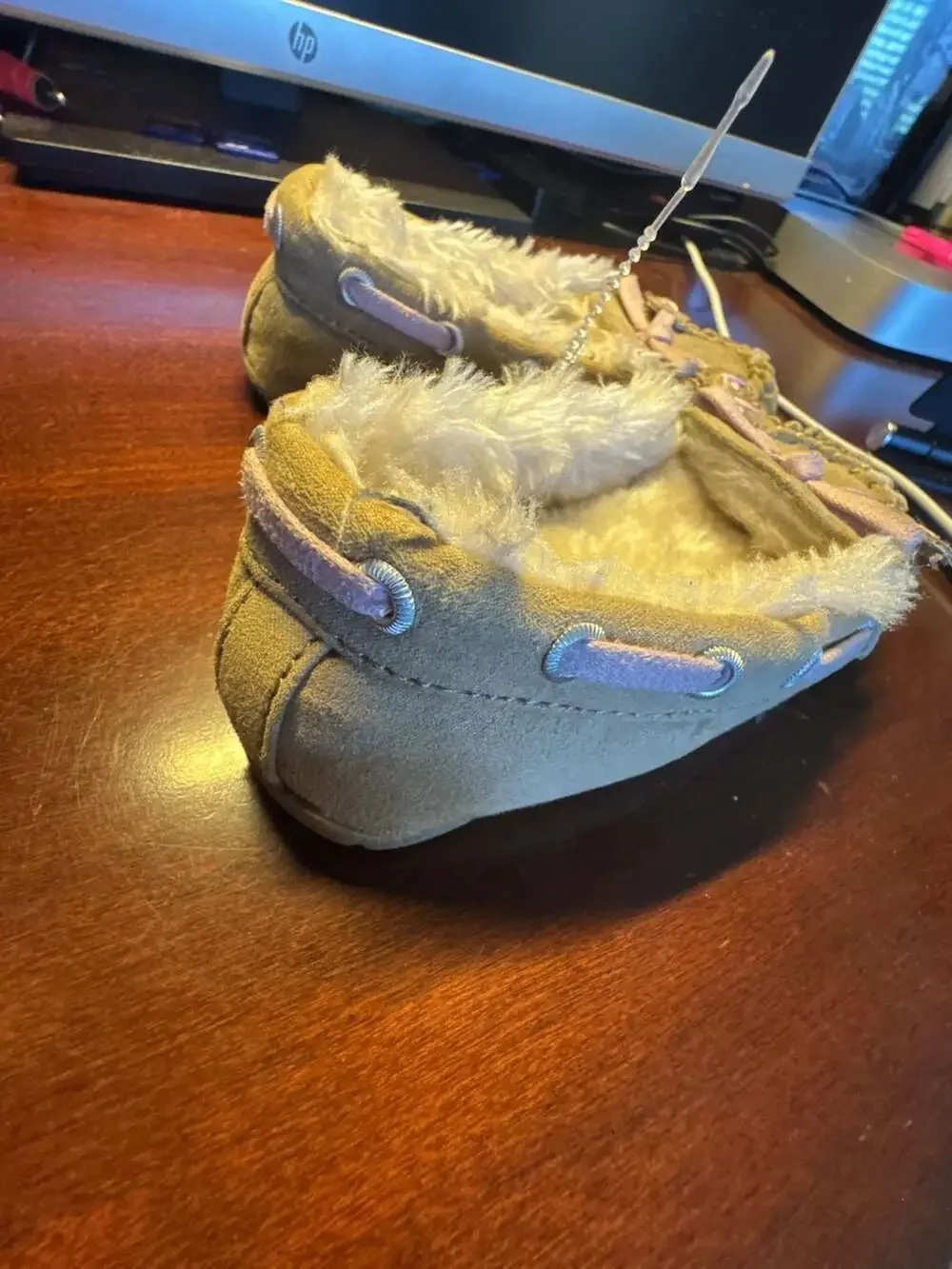 Girls Tan Faux Fur Moccasin Slippers with Pink Bow Detail
